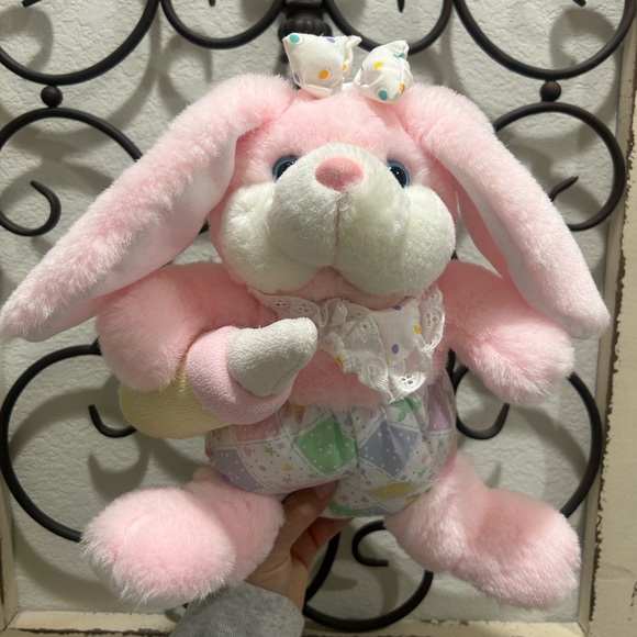 Vintage Pink Pastel Patchwork Bunny with Bottle Rattle PlushEaster Toy